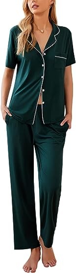 Ekouaer Women Pajamas Set Button Down Sleepwear Short Sleeve Nightwear with Long Pants Soft Pjs Set with Pockets