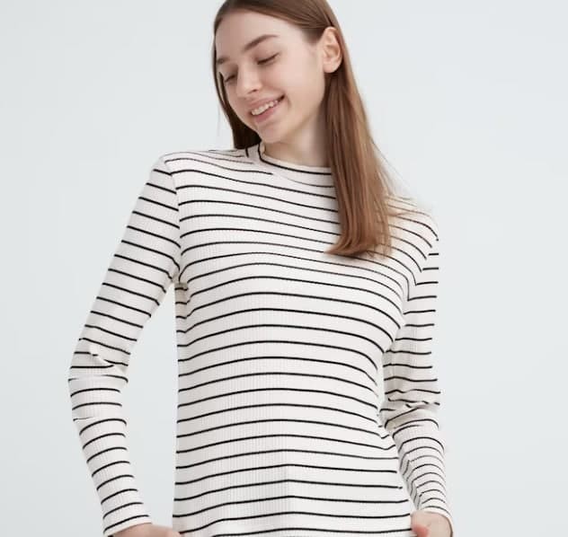 Ribbed Striped High Neck Long-Sleeve T-Shirt