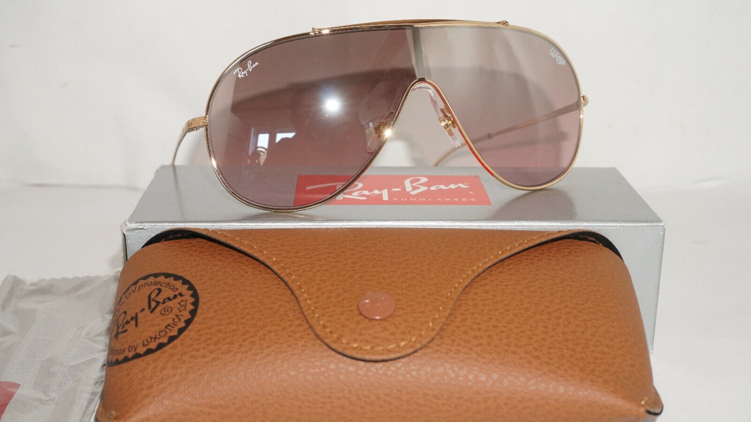 RAY BAN New Sunglasses Wings Gold Shield Violet Mirror RB3597 9050Y2 33 140