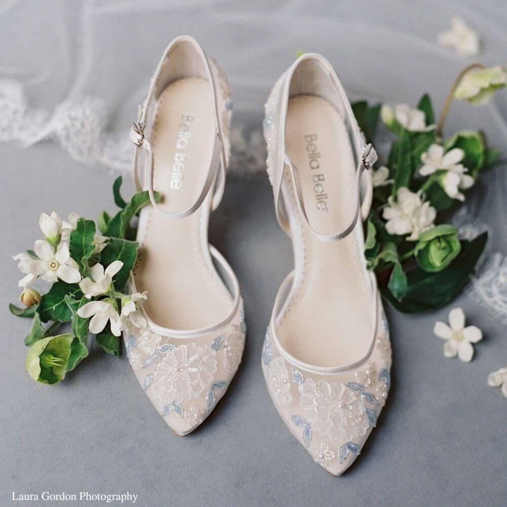 VIVIAN Block Heel Ivory Wedding Shoes with Blue Leaves and Ivory Flower Buds