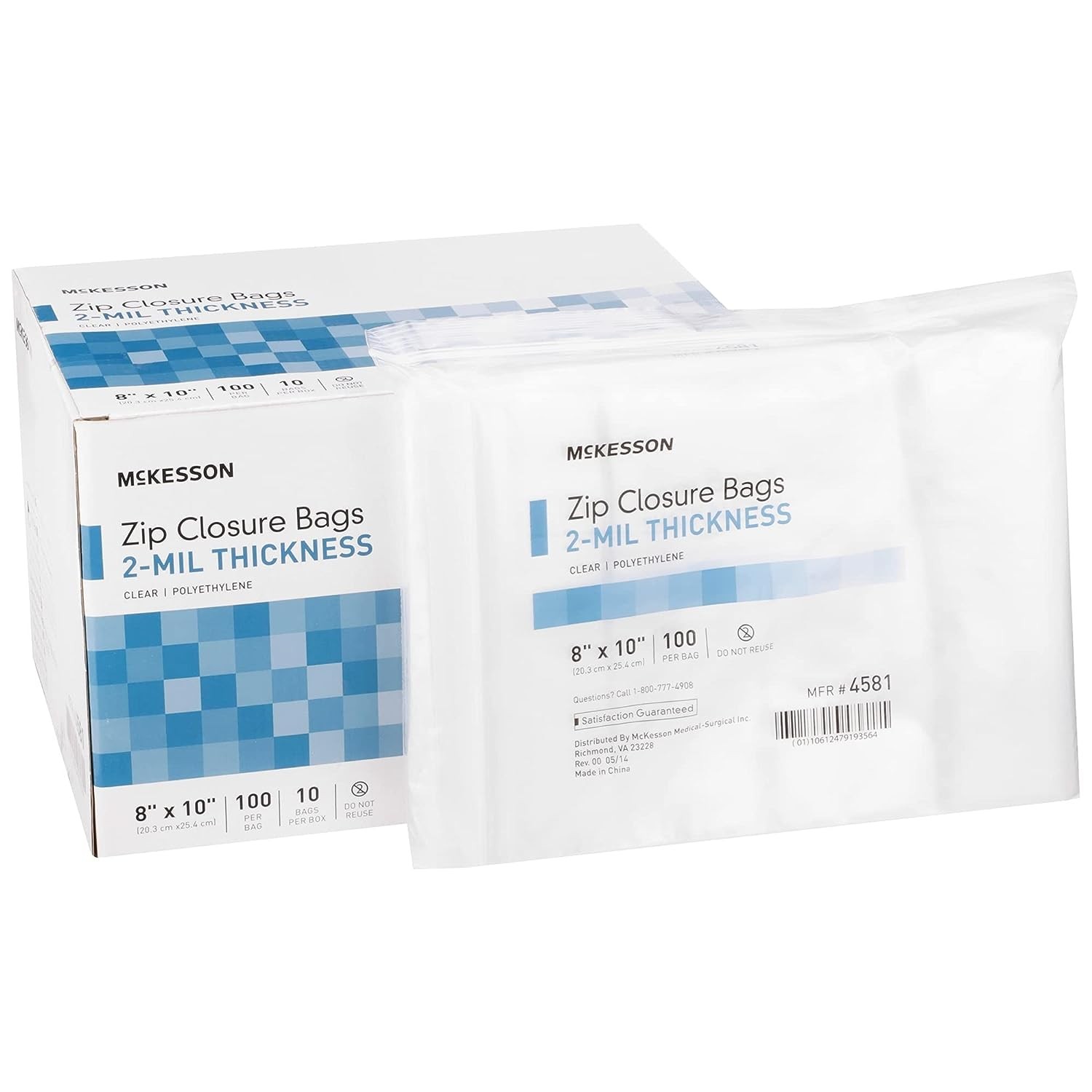 McKesson Zip Closure Bags, 2 mil Thickness - Polyethylene, Reclosable - Clear, 8 in x 10 in, 100 Count, 30 Packs, 3000 Total