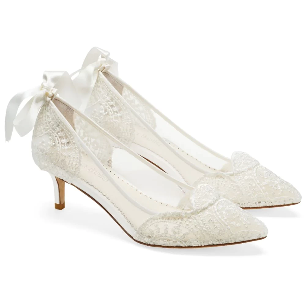 GRETA French Embroidered Ivory Low Heel Lace Wedding Shoes
