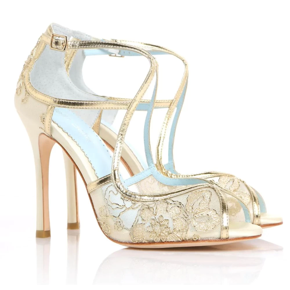 TESS Gold Lace Heels, Blue Sole Shoes
