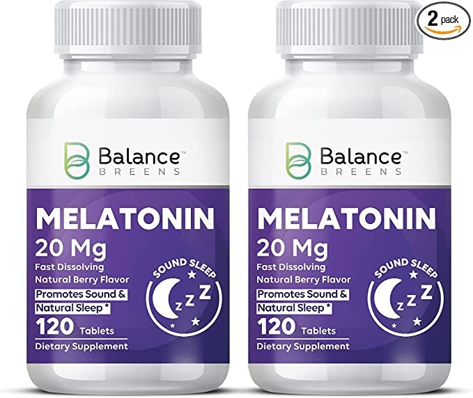 Melatonin 20mg Fast-Dissolve 120 Tablets - Natural Berry Flavor, Non-Habit Forming - Fall Asleep Faster, Stay Asleep Longer, Natural Sleep Aid - Non-GMO, Gluten-Free, Vegan Tablets by Balance Breens