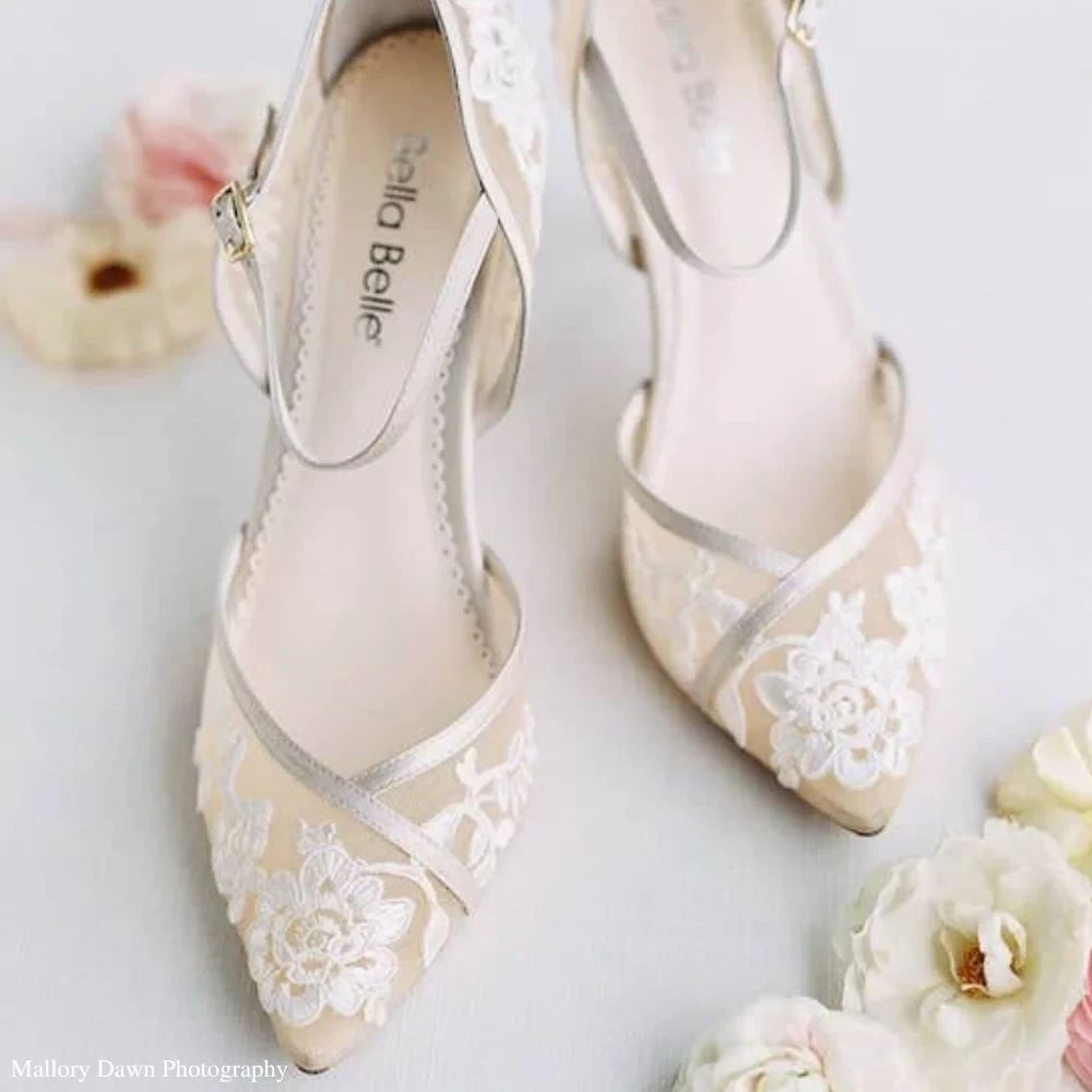 CHELSEA Lace Print Illusion Mesh Nude Block Heels for Wedding