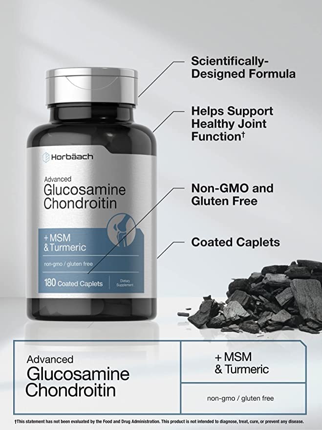 Glucosamine Chondroitin | Plus MSM & Turmeric | 180 Coated Caplets | Non-GMO, Gluten Free Supplement | by Horbaach