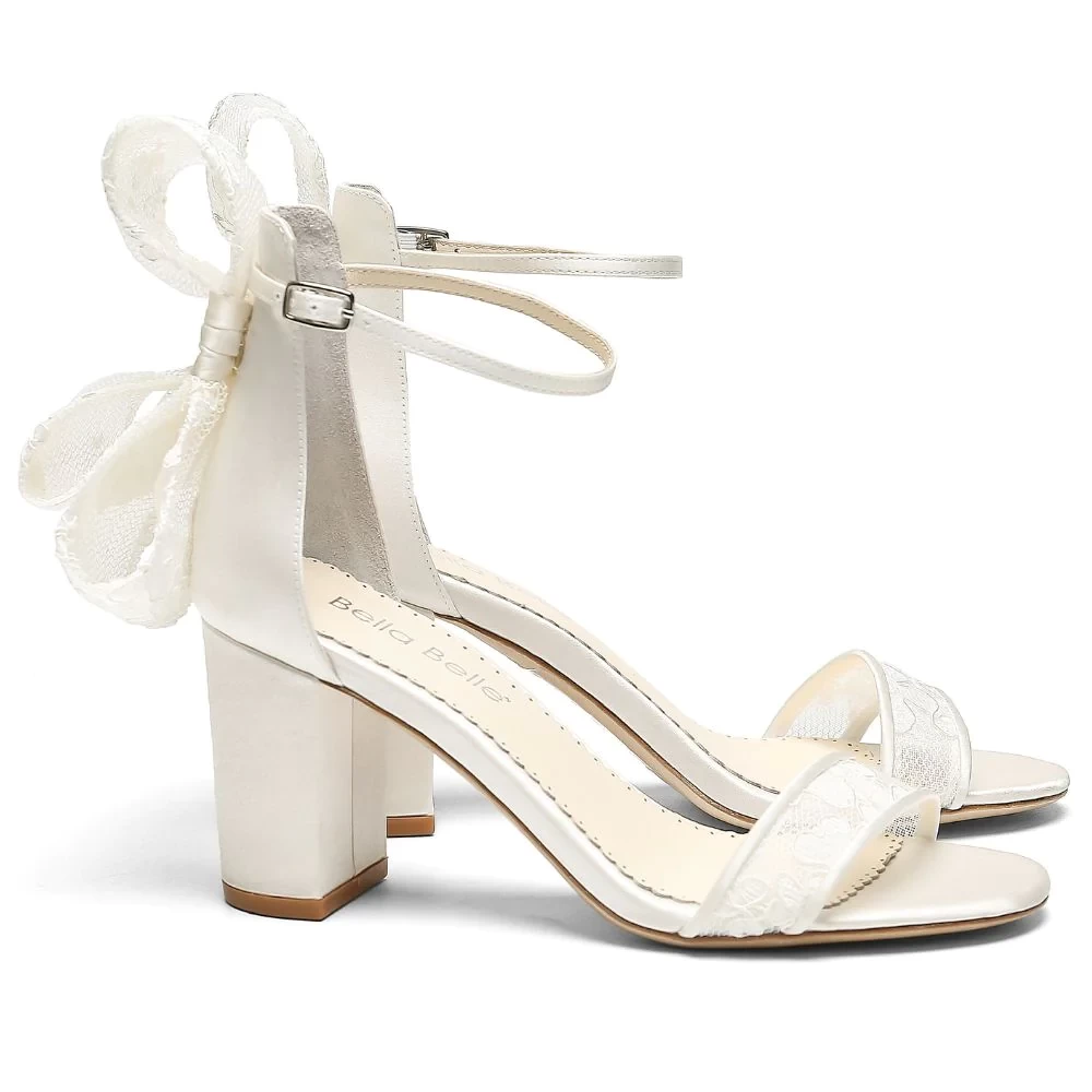 LAURIE Ivory Lace Open Toe Block Heels with Bow