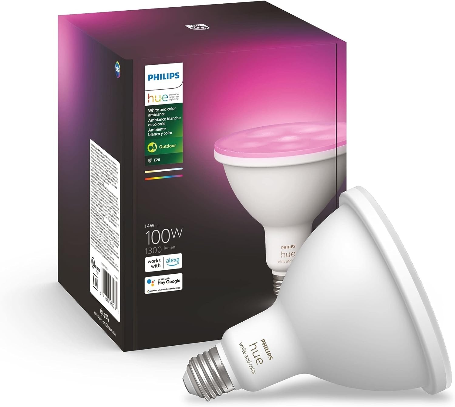 Philips Hue 14W PAR38 White and Color Light Bulb - Pack of 1 - E26 - Outdoor - Philips Hue Bridge Required - Control with Voice or App - Works with Alexa, Apple HomeKit and Google Assistant