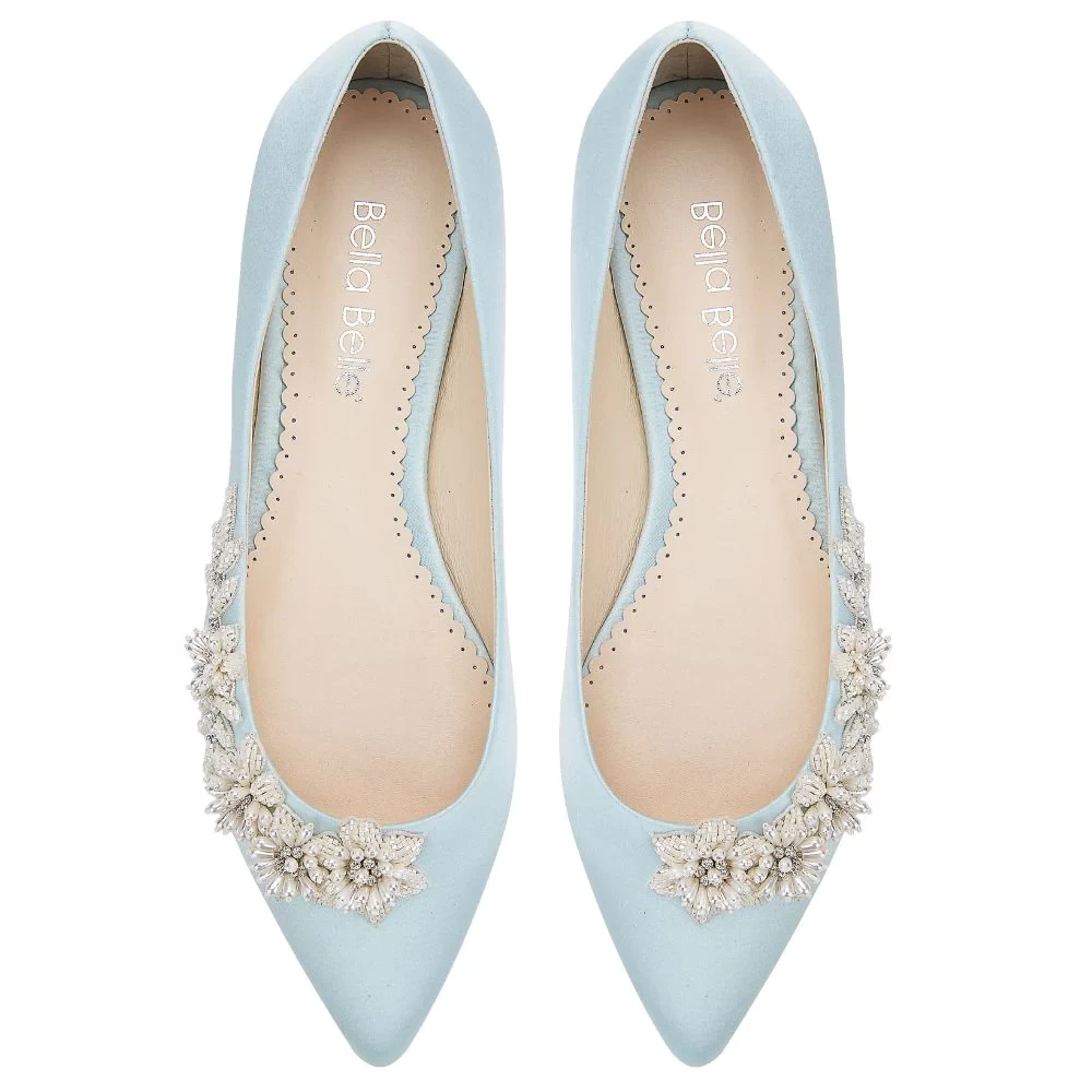 DAISY BLUE Blue Wedding Flats with 3D Floral Pearl Embellishment