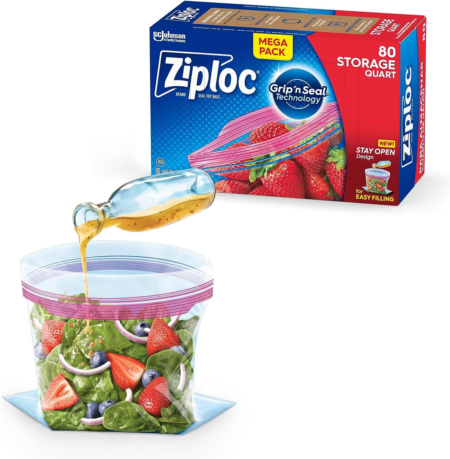 Ziploc Quart Food Storage Bags, New Stay Open Design with Stand-Up Bottom, Easy to Fill, 80 Count
