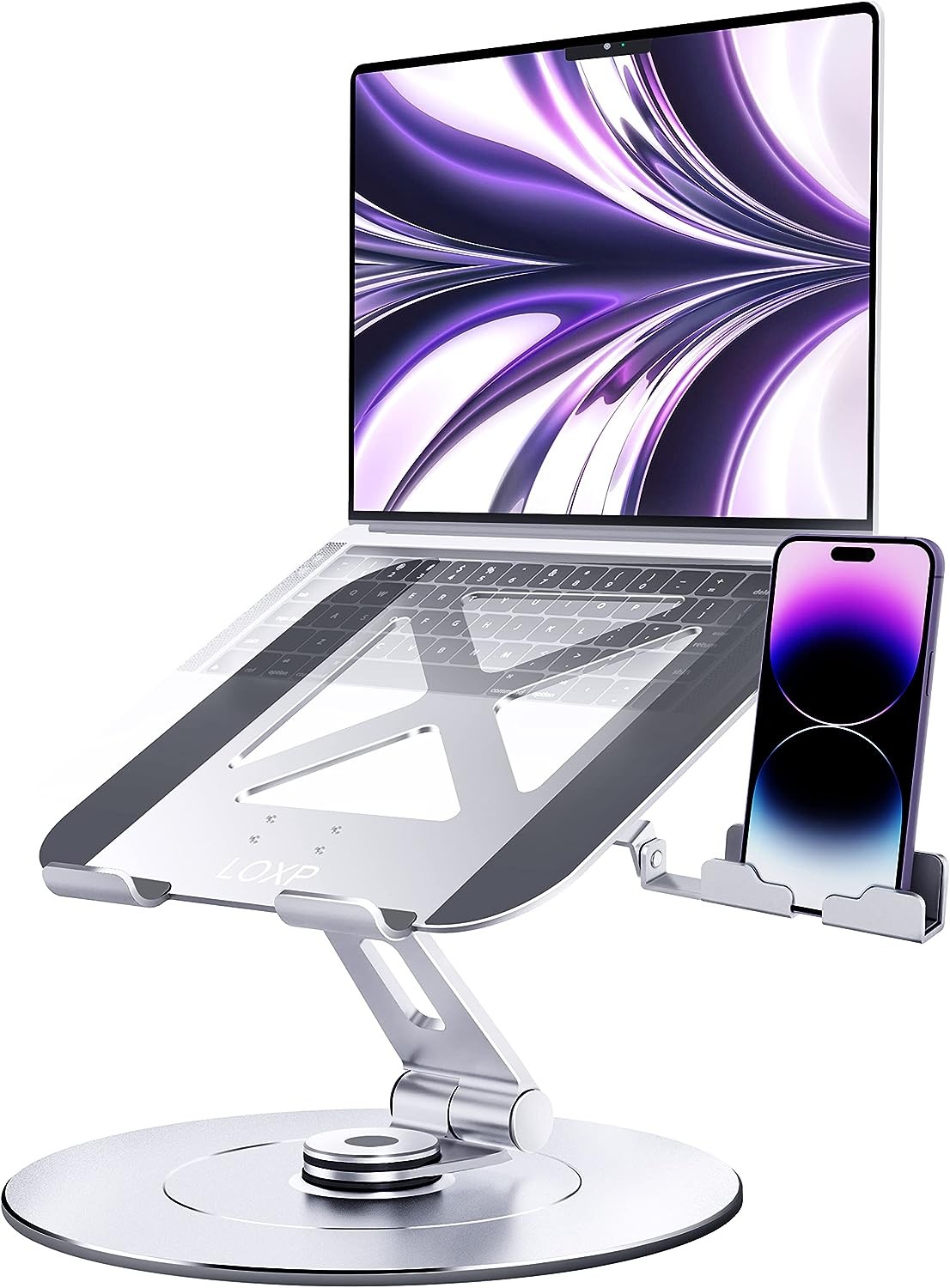 LOXP Ultra-Stable Aluminumy Swivel Laptop Stand for Desk with Rotating Foldable Phone Holder, 300% Large Base Stability, Anti-Loosening Structure, Suitable for 10"-17.3" Laptops