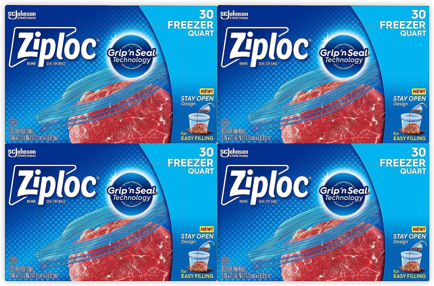 Ziploc Quart Food Storage Freezer Bags, New Stay Open Design with Stand-Up Bottom, Easy to Fill, 30 Count, Pack of 4 (120 Total Bags)