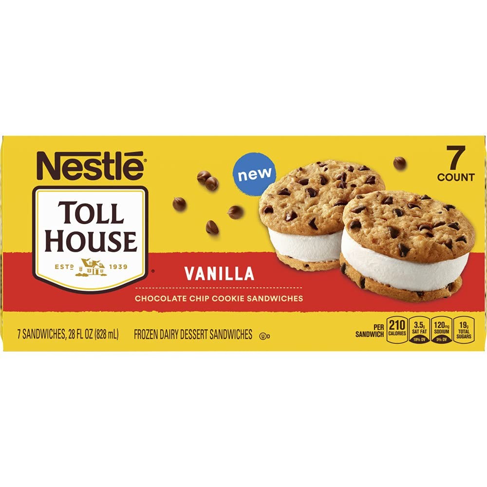 Nestle Tollhouse, Vanilla Chocolate Chip Cookie Ice Cream Sandwiches, 7 Count (Frozen), 28 Ounce