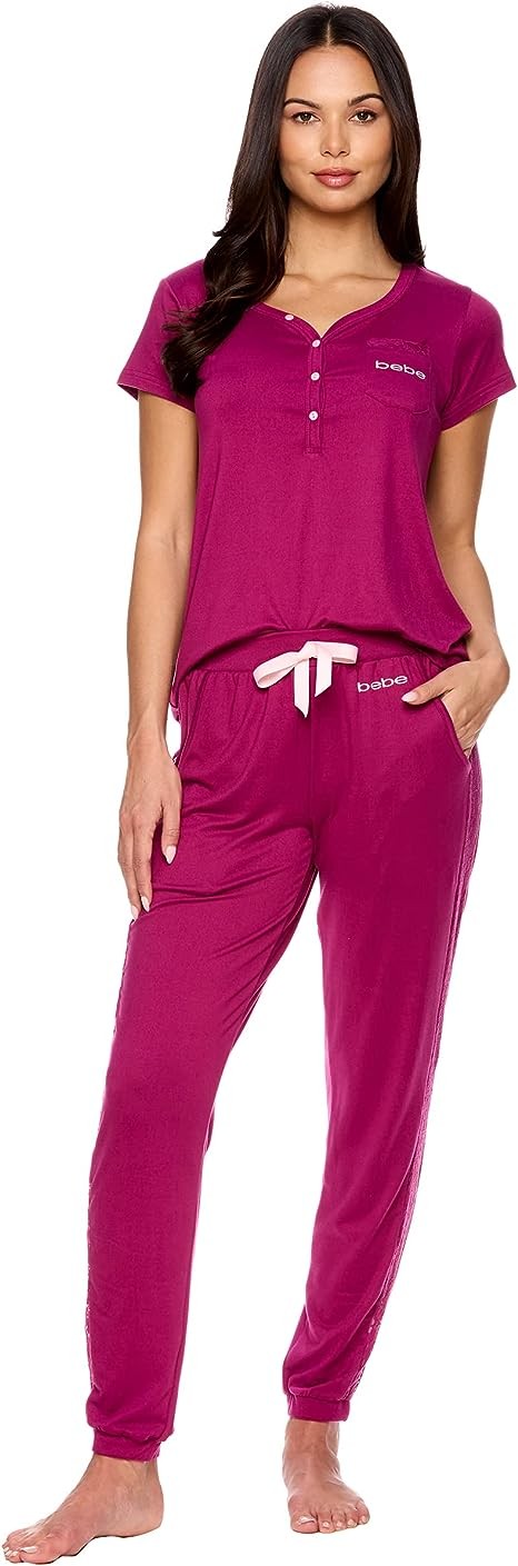 bebe Womens Pajama Set - Short Sleeve Shirt with Jogger Pajama Pants
