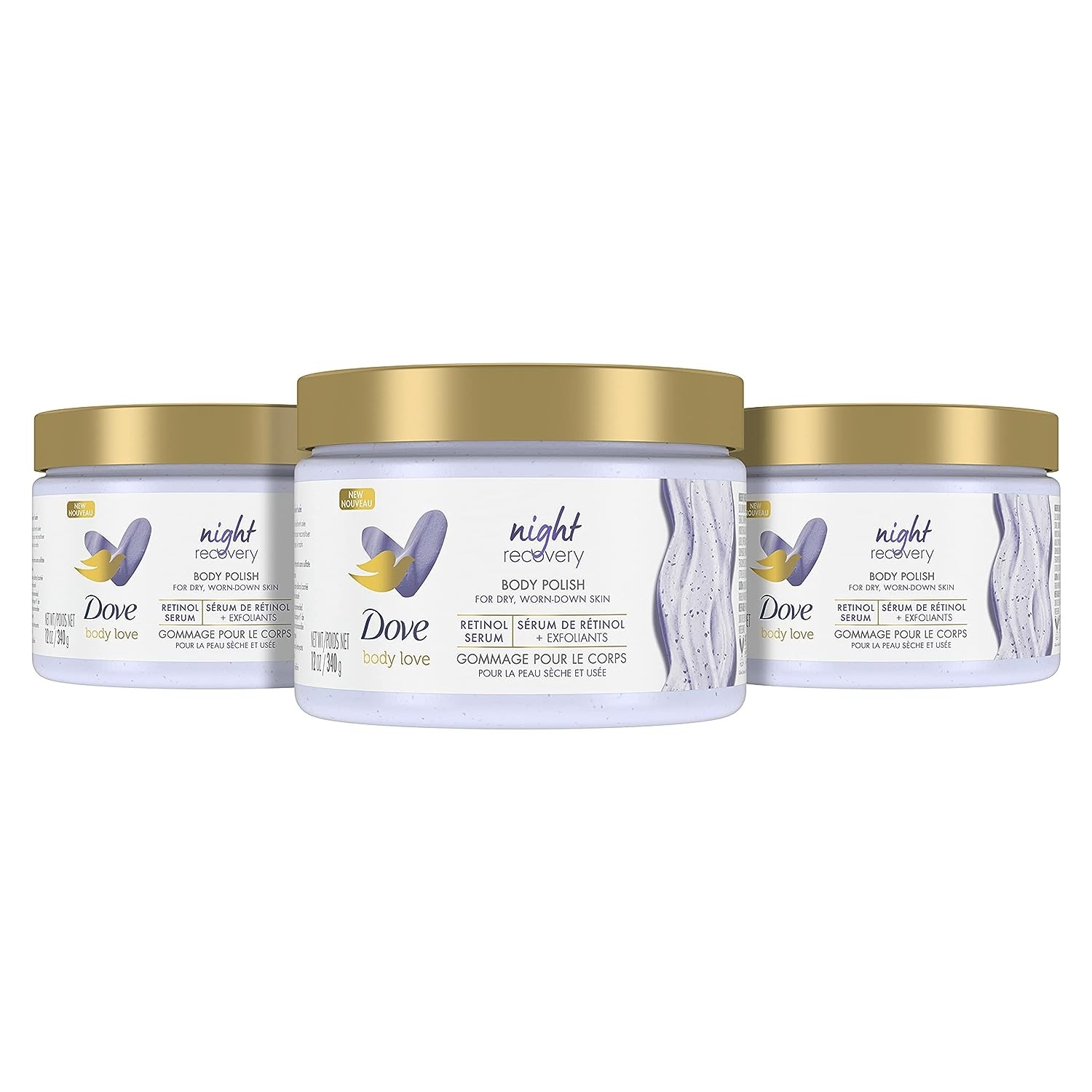 Dove Body Love Body Polish Night Recovery 3 Count for Dry, Worn-Down Skin, Body Scrub with Retinol and Botanical Oils for Silky, Smooth Skin 12 oz