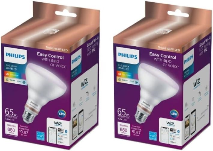 Philips Color and Tunable White BR30 LED 65-Watt Equivalent Dimmable Smart Wi-Fi Wiz Connected Wireless LED Light Bulb, Compatible with Alexa, Google Assistant, Siri, 2-Pack Recessed Can Light Bulbs