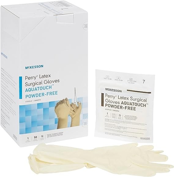 McKesson Perry Performance Plus Latex Surgical Gloves, AquaTouch - Powder-Free, Extended Cuff, Hand Specific, Smooth, Sterile - Cream, Size 7, 50 Count, 4 Boxes, 200 Total