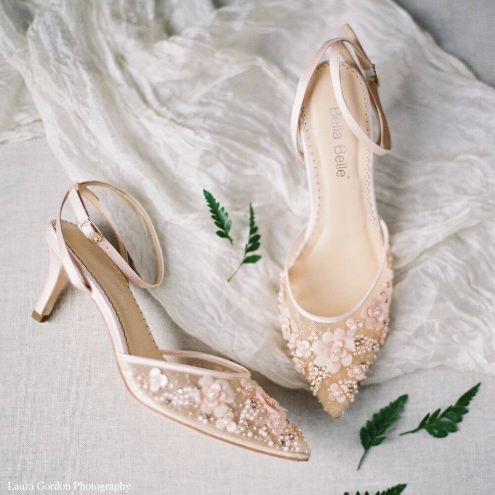 ROSA BLUSH Low Blush Pink Heels with 3D Flowers and Beading