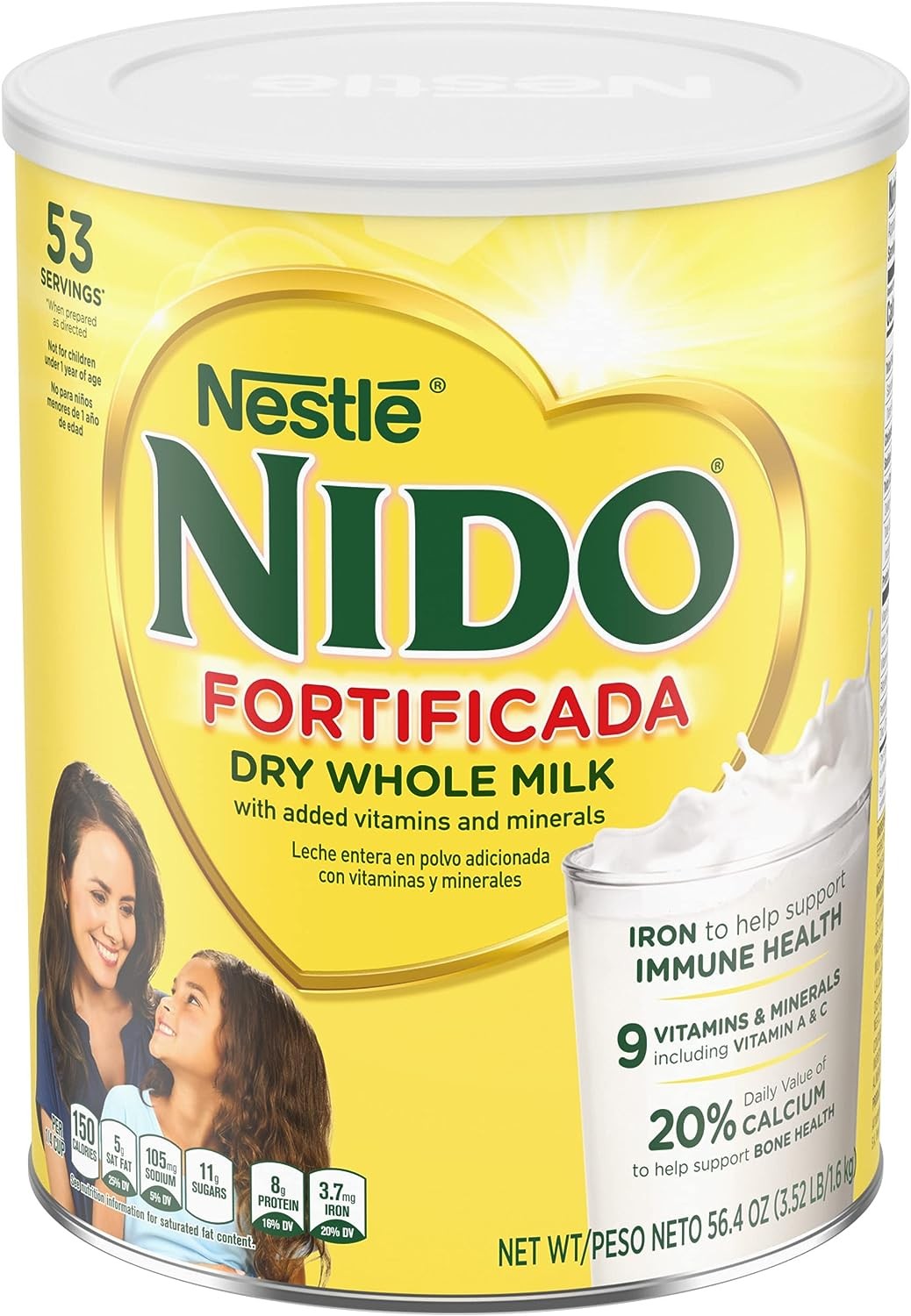 NIDO Fortificada Powdered Drink Mix - Dry Whole Milk Powder with Vitamins and Minerals - 56.4 Oz (3.52 LB) Canister