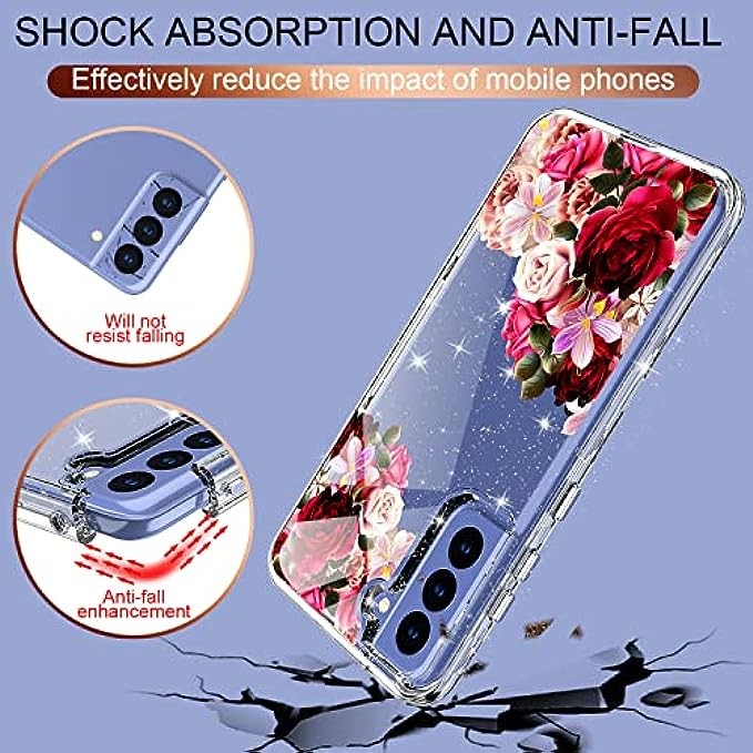 KJSK Case for Samsung S21 Fe，Heavy Duty Impact Resistant Floral PC Back Case + Sturdy TPU Cover and Front Cover Full Body Protective Cover for Samsung Galaxy S21 Fe 5G 2022