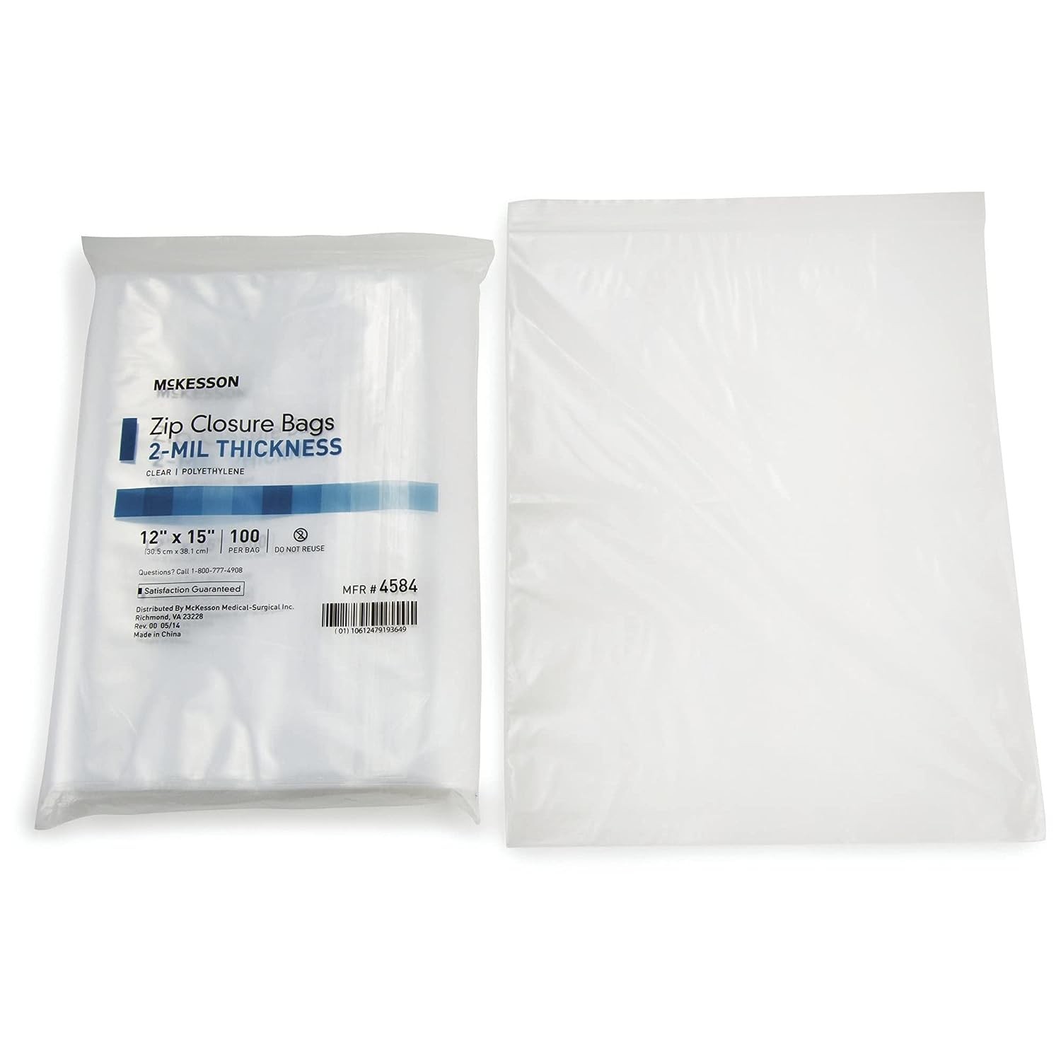 McKesson Zip Closure Bags, 2 mil Thickness - Polyethylene, Reclosable - Clear, 12 in x 15 in, 100 Count, 10 Packs, 1000 Total