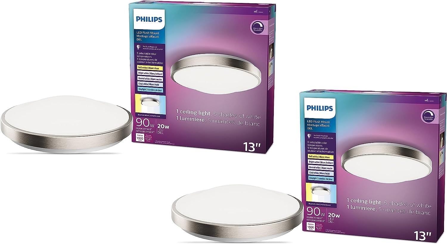 Philips 13" Selectable Color Temperature - 2700-5000K - Integrated LED Flush Mount - 2 Pack - 90W - 1500 Lumens - No Bulb Required – Dimmable - Easy to Install - Brushed Nickel