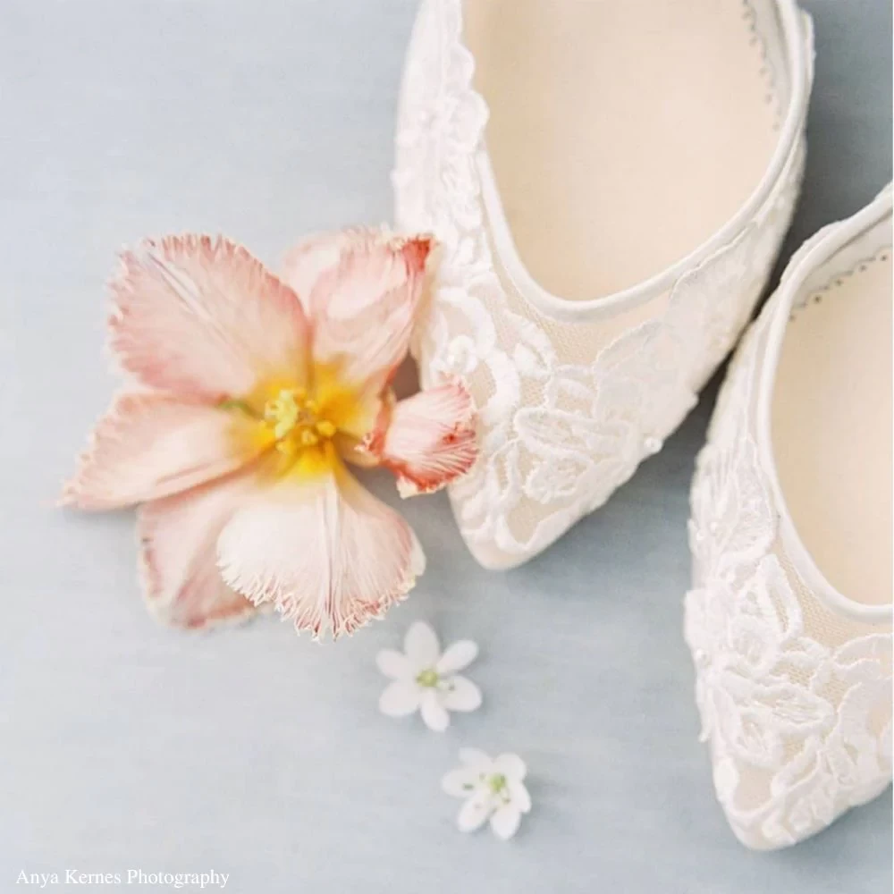 MINA Floral Lace Low Heel Shoes with Pearl Accents
