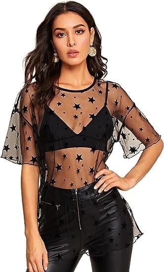 Verdusa Women's Sheer Mesh Tops Half Sleeve Longline Oversized T Shirt