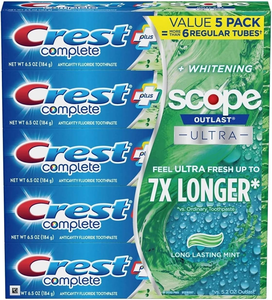 Crest Complete Whitening + Scope Toothpaste, 6.5 Ounce (5 Pack)