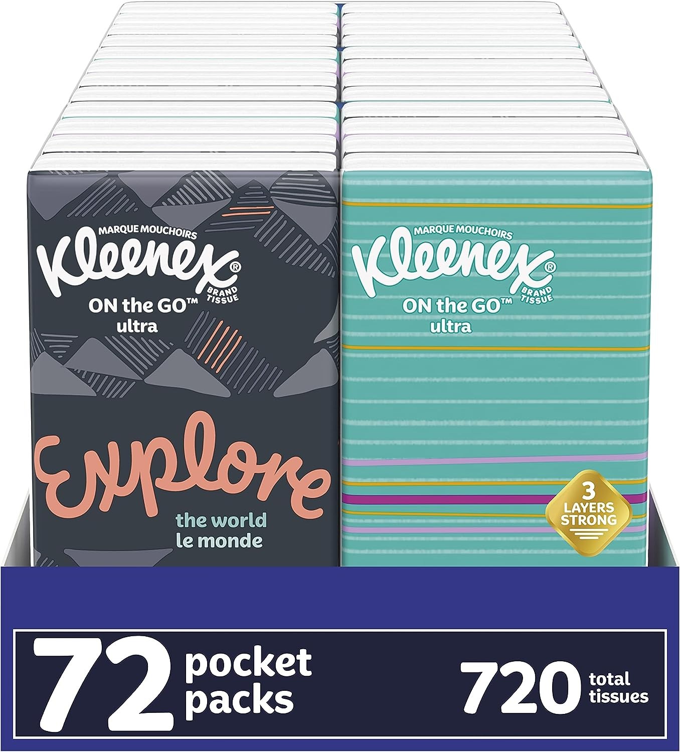 Kleenex On-the-Go Facial Tissues, Tissues Travel Size, 72 Packs (9 Displays of 8 Packs), 10 Tissues per Pack, 3-Ply (720 Total Tissues)