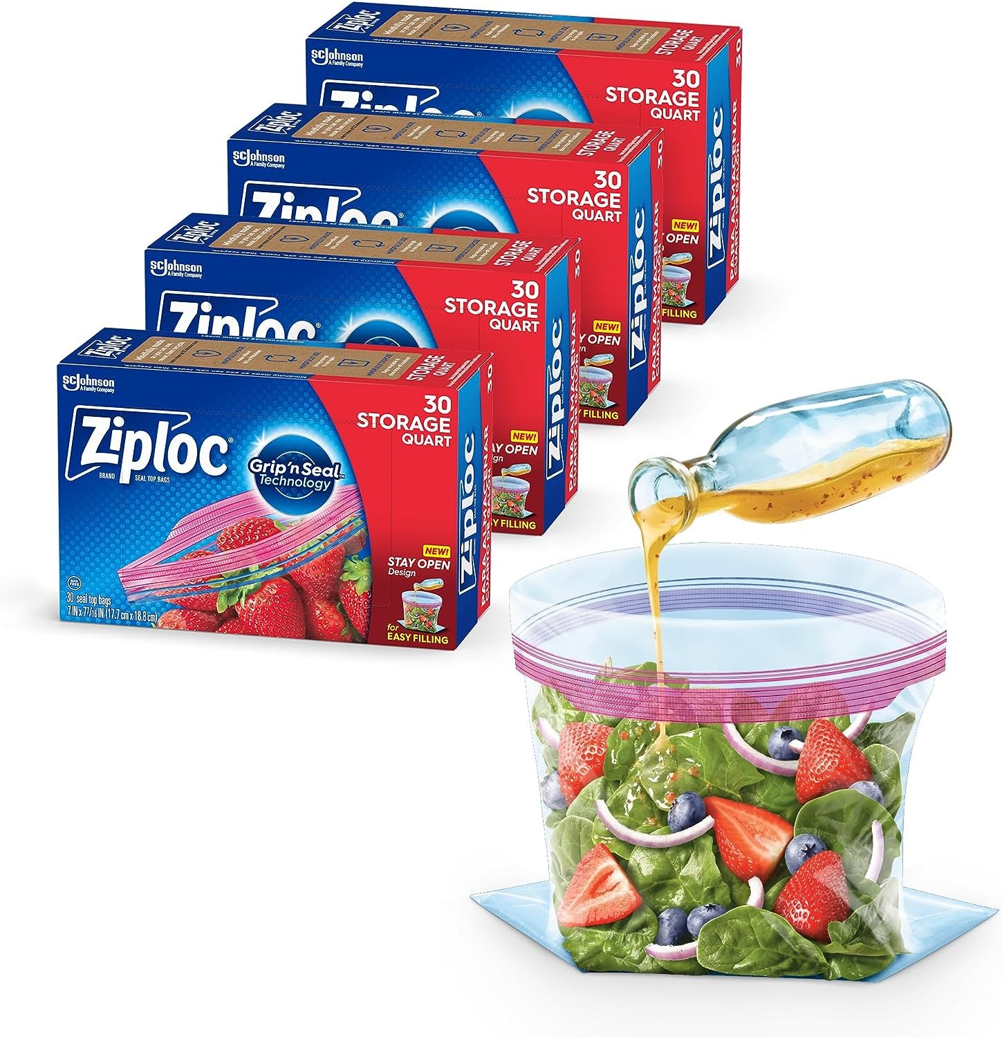 Ziploc Quart Food Storage Bags, New Stay Open Design with Stand-Up Bottom, Easy to Fill, 30 Count, Pack of 4 (120 Total Bags)